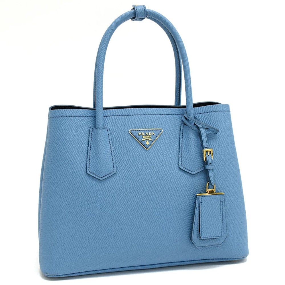 Prada Double Handbag Leather Blue Triangle Plate Saffiano Bag